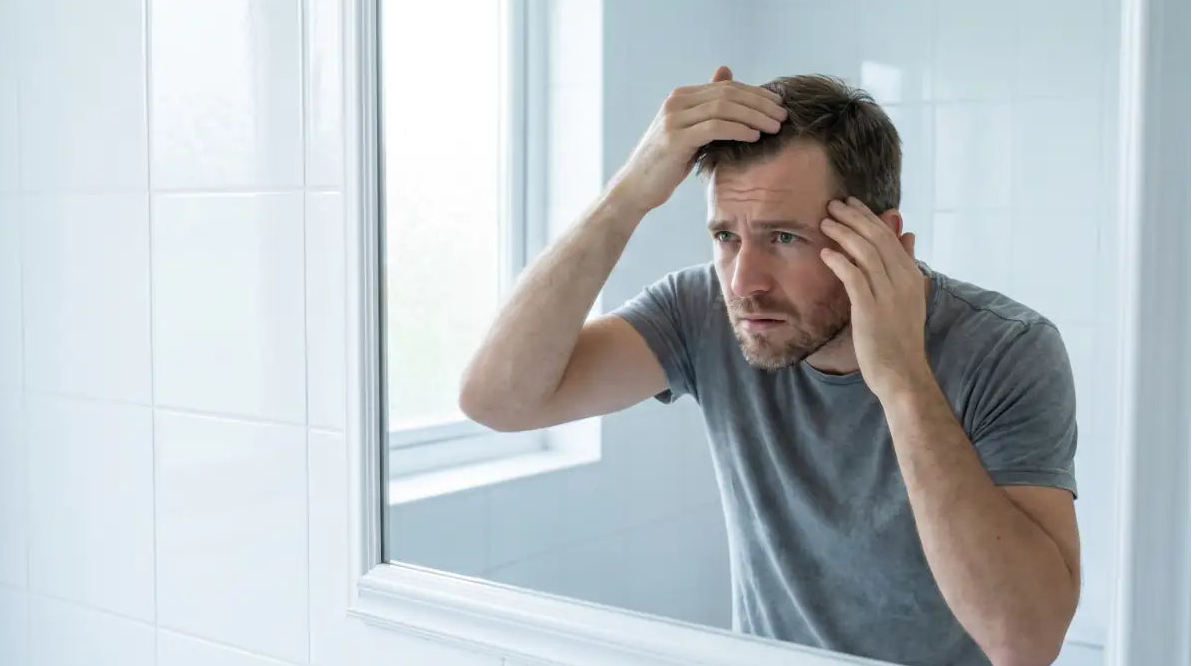 Hombre preocupado revisando su cabello en el espejo — banner problema caida PDRN Hair Booster