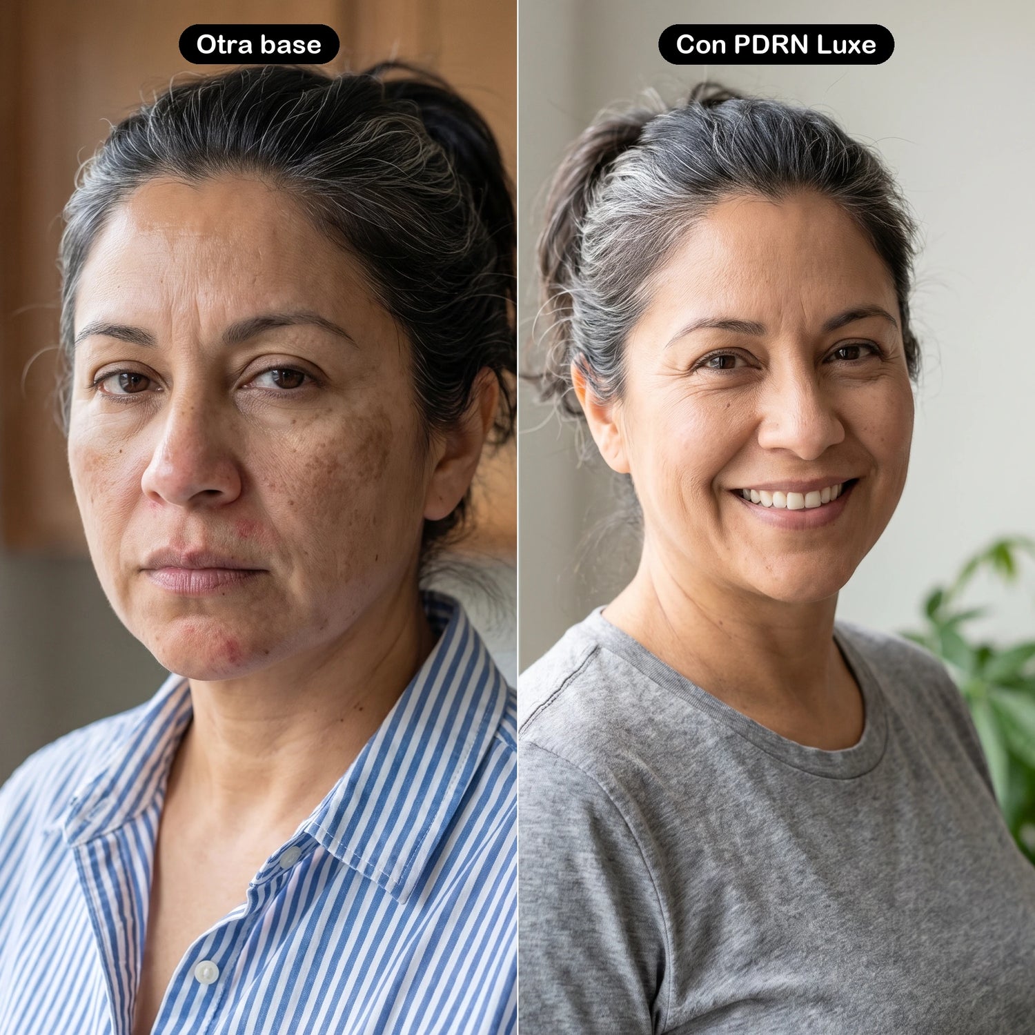 PDRN Luxe antes y despues mujer 45 mas base de maquillaje color-matching