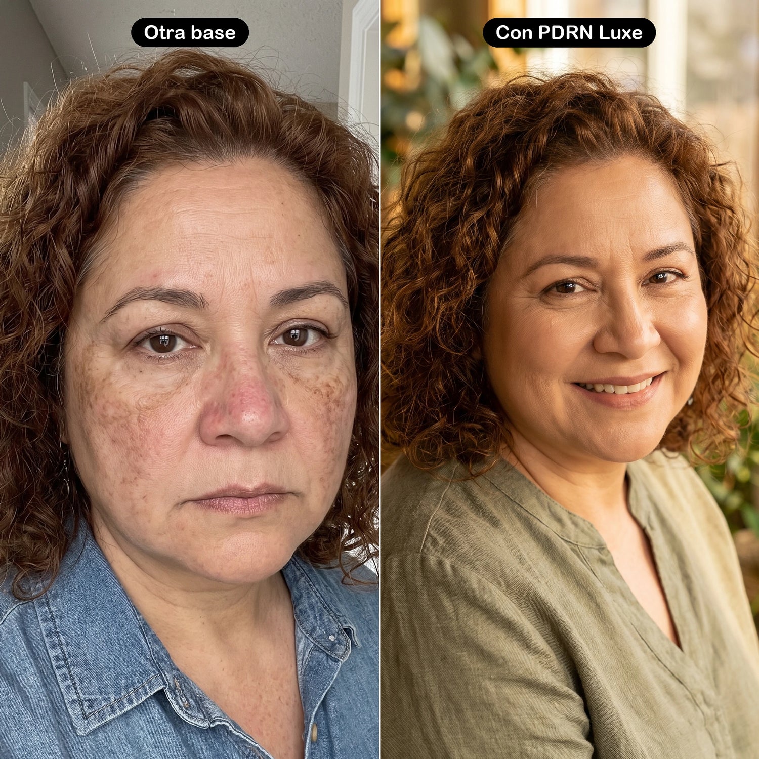 PDRN Luxe antes y despues mujer 45 mas base de maquillaje color-matching variante 2