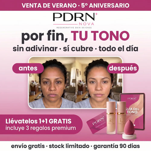 PDRN Luxe — por fin, tu tono. Antes y después en mujer morena mexicana, 1+1 gratis con 3 regalos premium