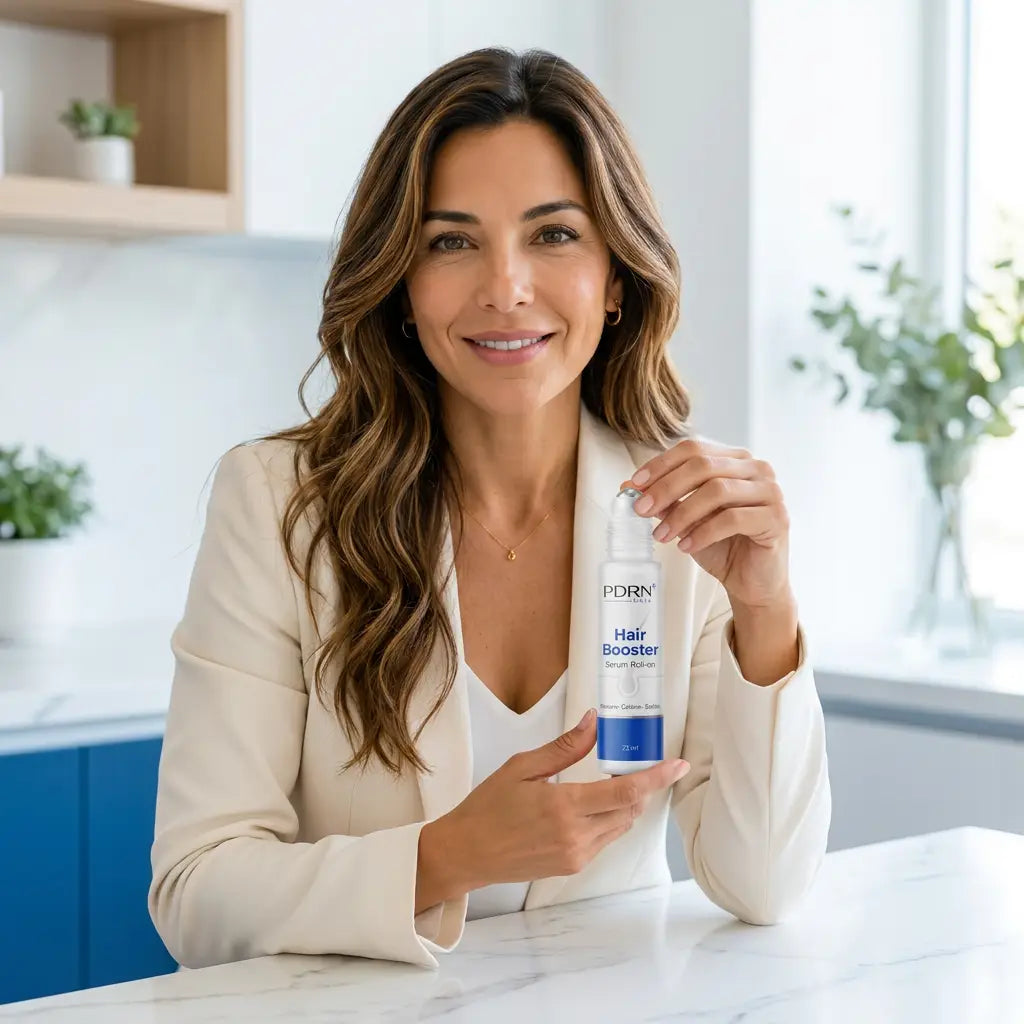 Claudia Navarro fundadora PDRN NOVA con el roll-on Hair Booster azul