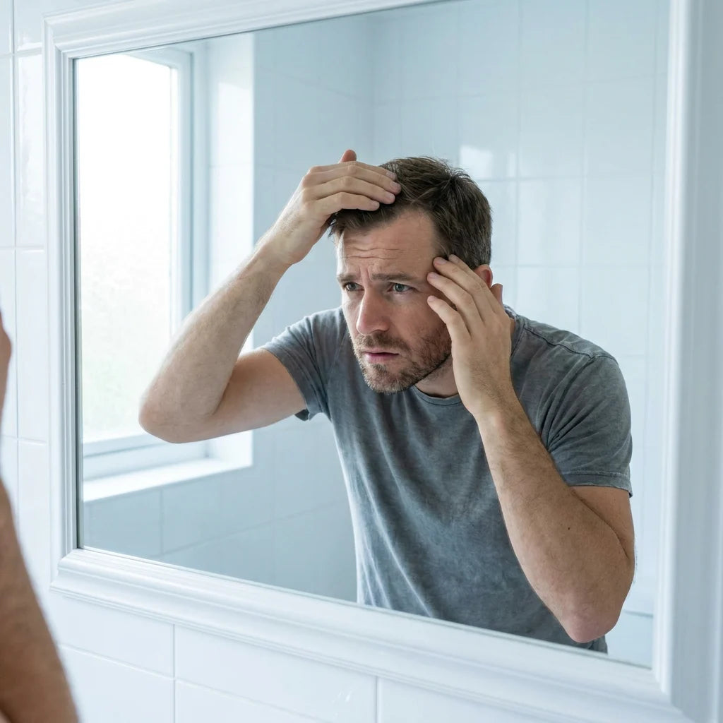 Hombre frente al espejo notando caida de cabello PDRN Hair Booster