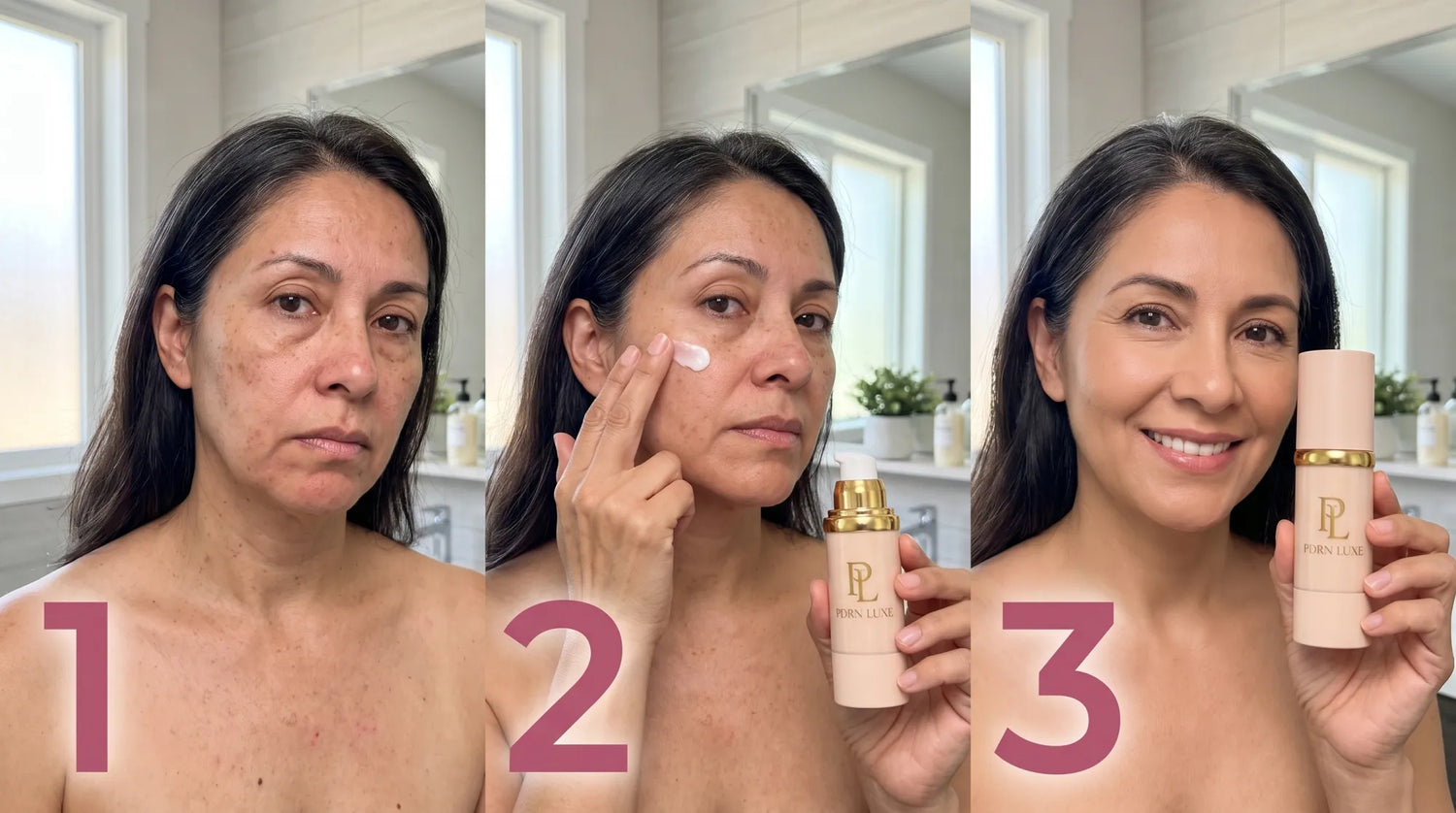 PDRN Luxe pasos: 1 sin nada, 2 difuminas el blanco, 3 es tu tono